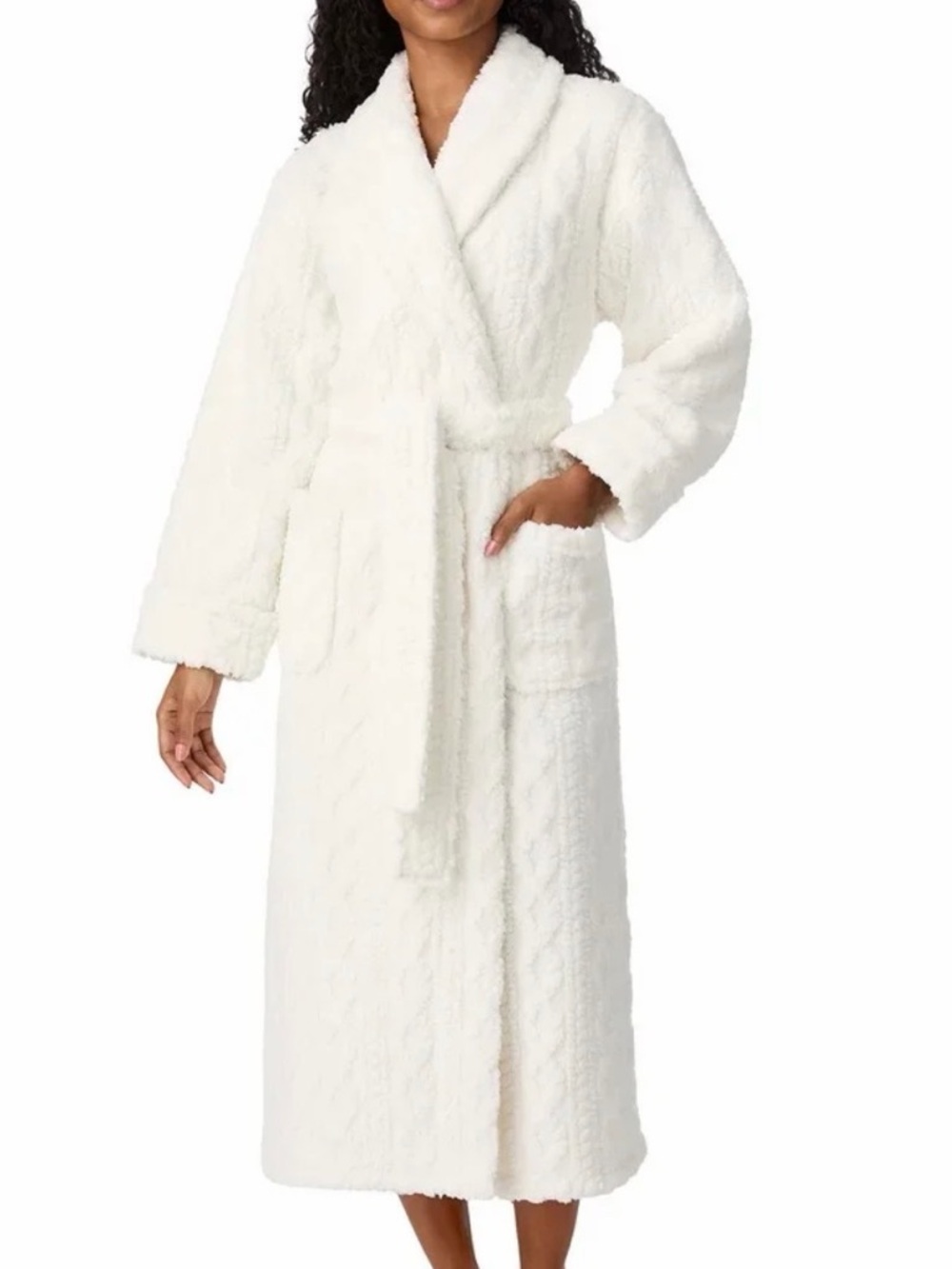 ROOM SERVICE Cozy Wrap Fuzzy Robe SOFT CABLE KNIT TEXTURE POCKETS White L 12 14